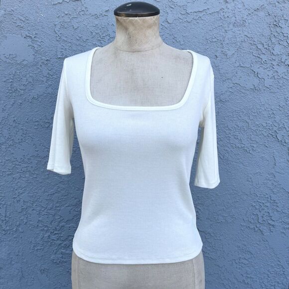 Marine Layer Tee Lexi Rib Square Neck Top NWT Women's Size Small White Basic - Picture 1 of 8